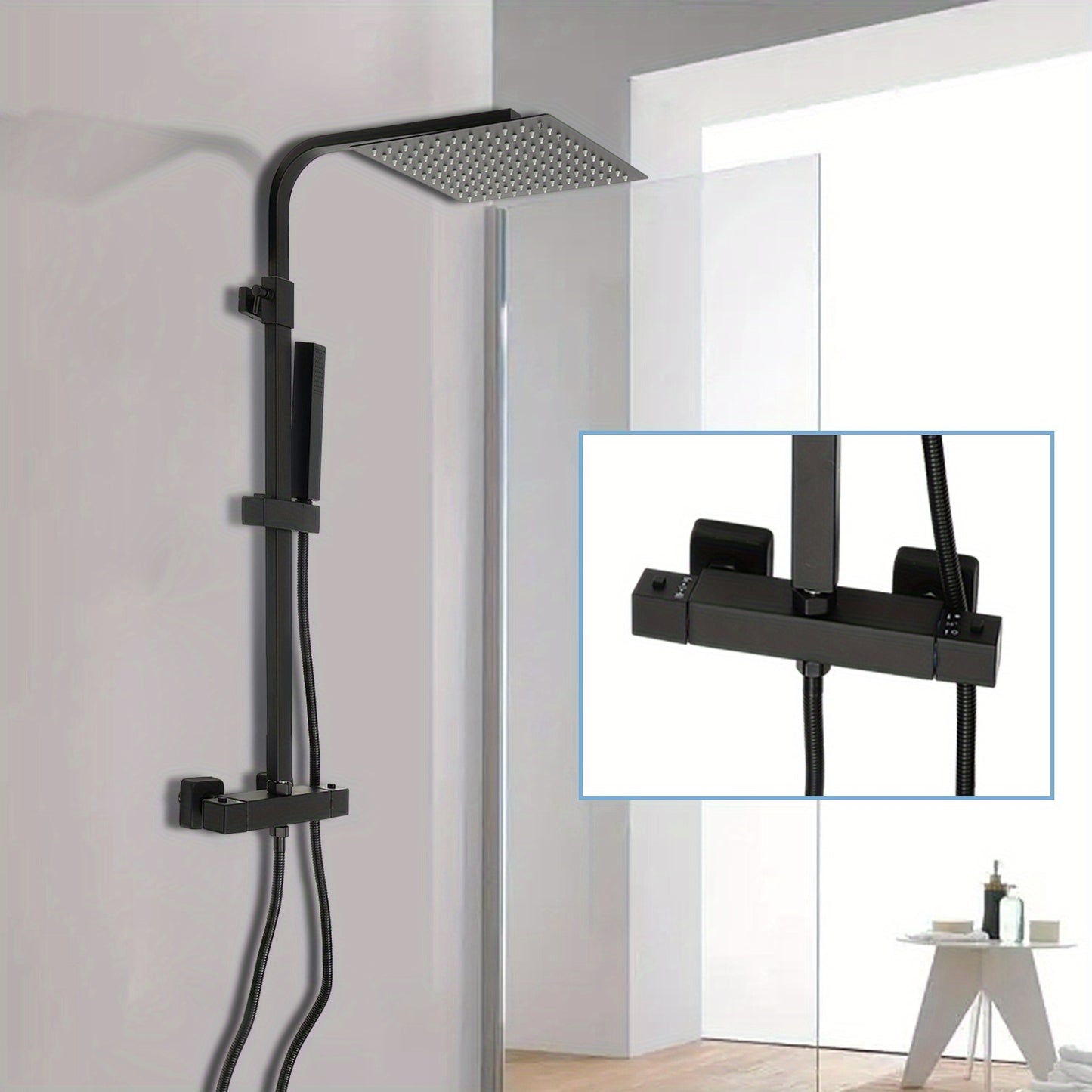 Douchekop – Regendouche – Handdouche – Thermostaatkraan – Badkamerkraan – Mat Zwart – Thermostatische Temperatuurregeling – 25x25 cm Regendouchekop