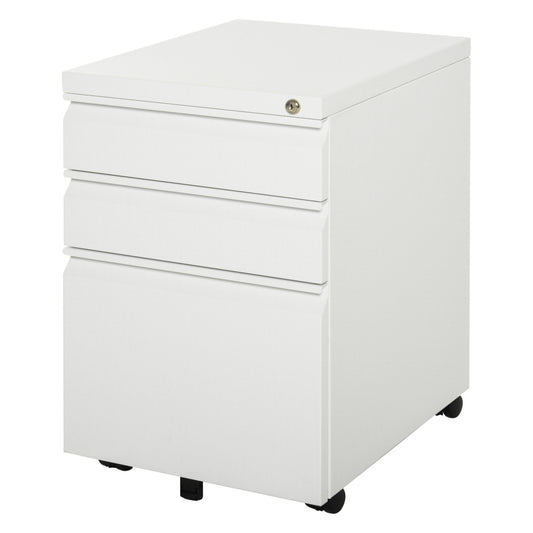 Mobiele Opbergkast – Bureaukast – Ladekast – Archiefkast – Werkplek Opberger – Wit – Stalen Constructie – Met Slot – 3 Lades – Wieltjes – Compact & Ruim