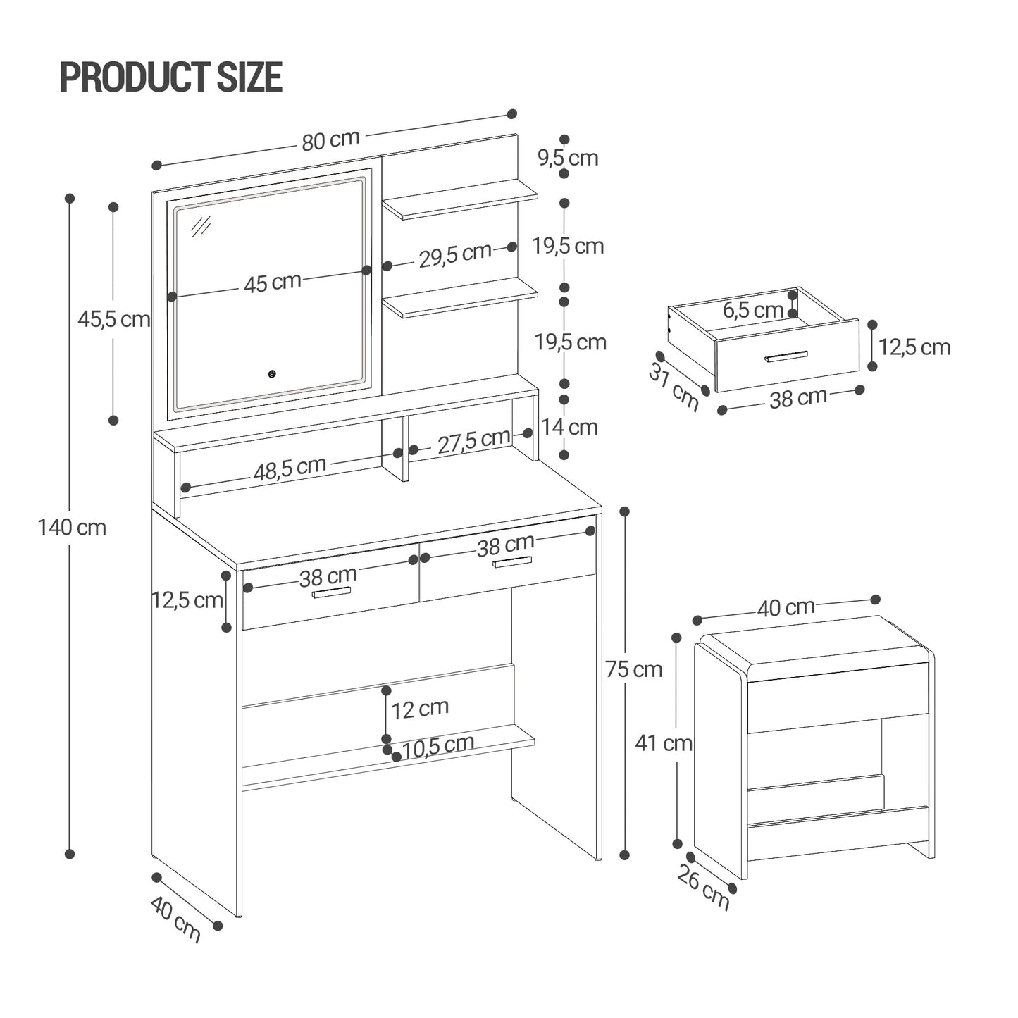 Make-up Tafel – Schminktafel – Visagie Tafel – Kaptafel – Make-up Bureau – Verstelbare LED-verlichting – USB Oplaadstation – Wit – 2 Laden – Zachte Kruk