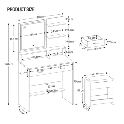 Make-up Tafel – Schminktafel – Visagie Tafel – Kaptafel – Make-up Bureau – Verstelbare LED-verlichting – USB Oplaadstation – Wit – 2 Laden – Zachte Kruk
