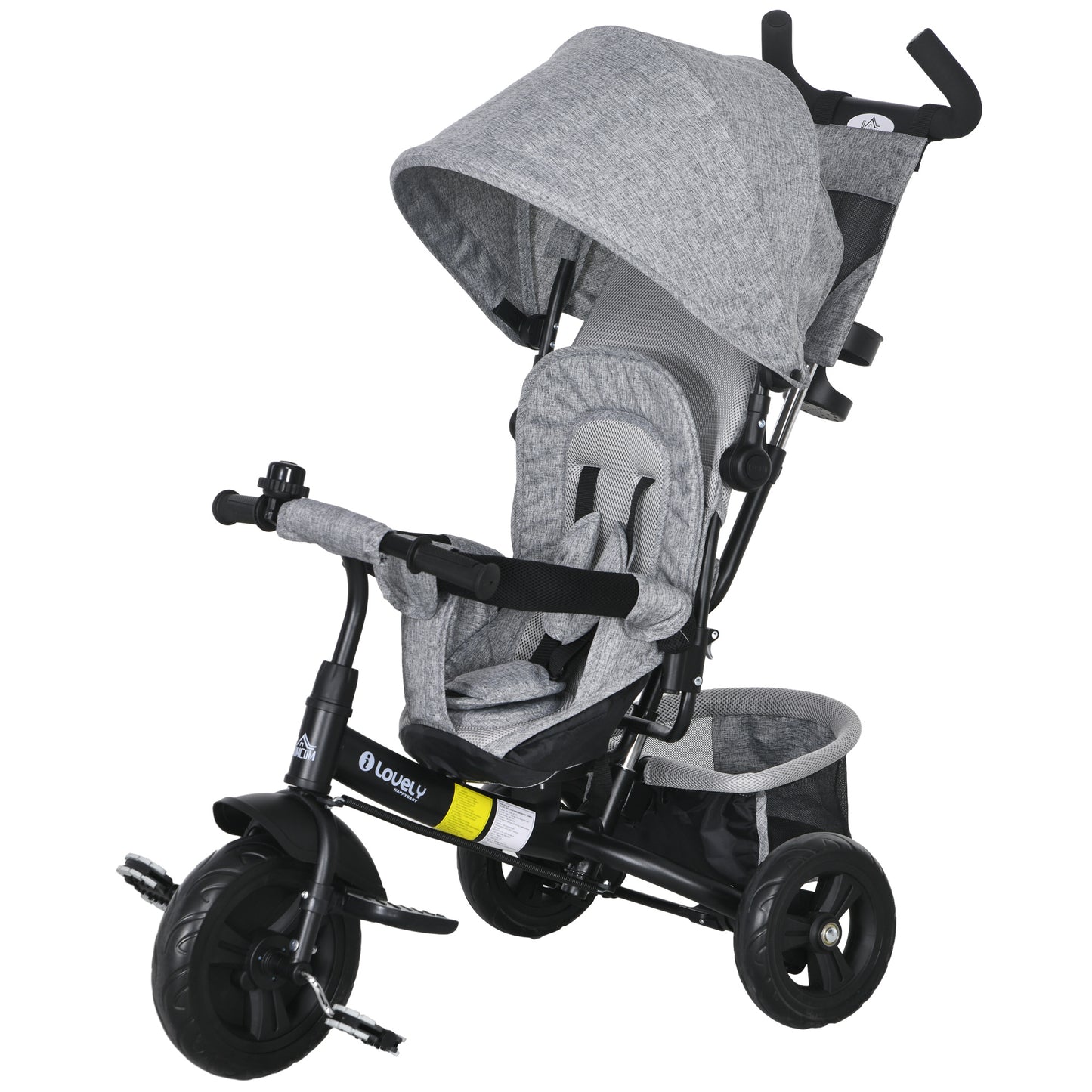 Kinderdriewieler – Driewieler Voor Kinderen – Kinderfiets – Loopfiets – Fiets Met Bekerhouder – Grijs – Met Stevig Metalen Frame – Beschermend Zonnescherm