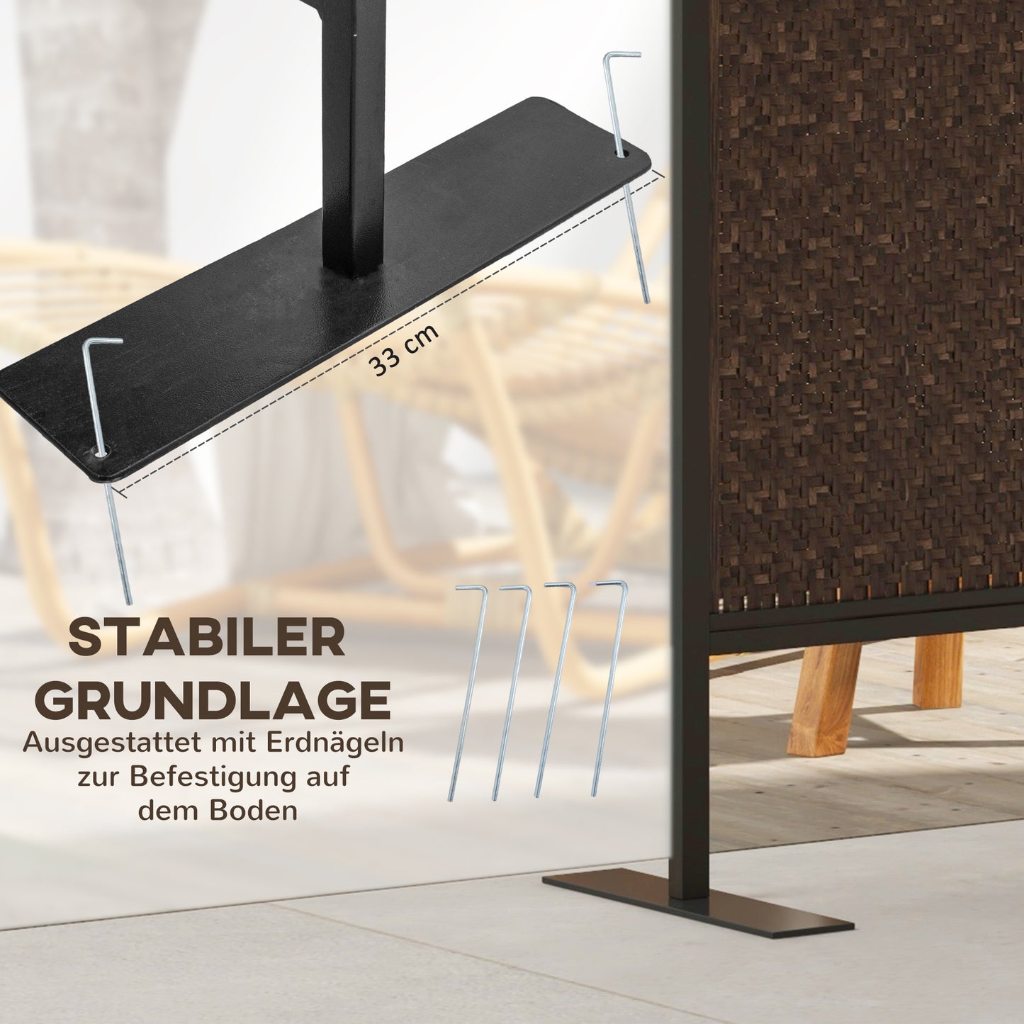Roomdivider – Scheidingswand – Kamerscherm – Tuinscherm – Privacy Scherm – Vintage Design – Handgeweven PE Rattan – Weerbestendig Stalen Frame – 3 Panelen 148x33x181 cm – Bruin Zwart