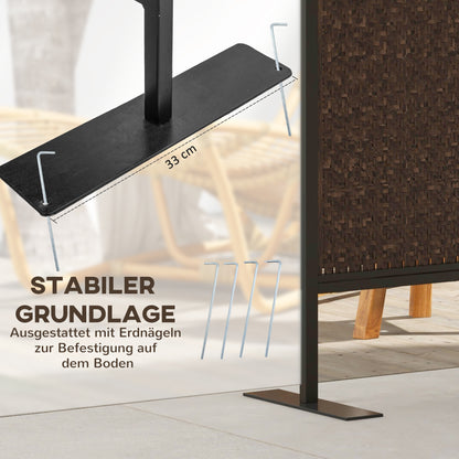 Roomdivider – Scheidingswand – Kamerscherm – Tuinscherm – Privacy Scherm – Vintage Design – Handgeweven PE Rattan – Weerbestendig Stalen Frame – 3 Panelen 148x33x181 cm – Bruin Zwart
