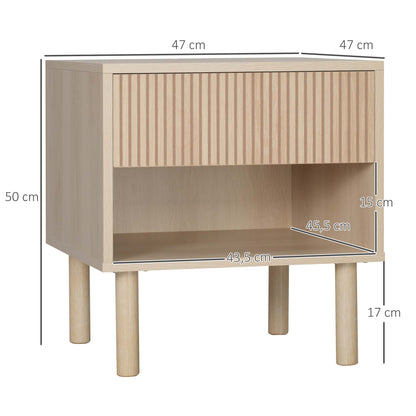 Nachtkastje – Bijzettafel – Sidetable – Bedtafeltje – Set van 2 – Natuurlijk Hout – Laden en Open Vakken – Compact 47x47x50 cm