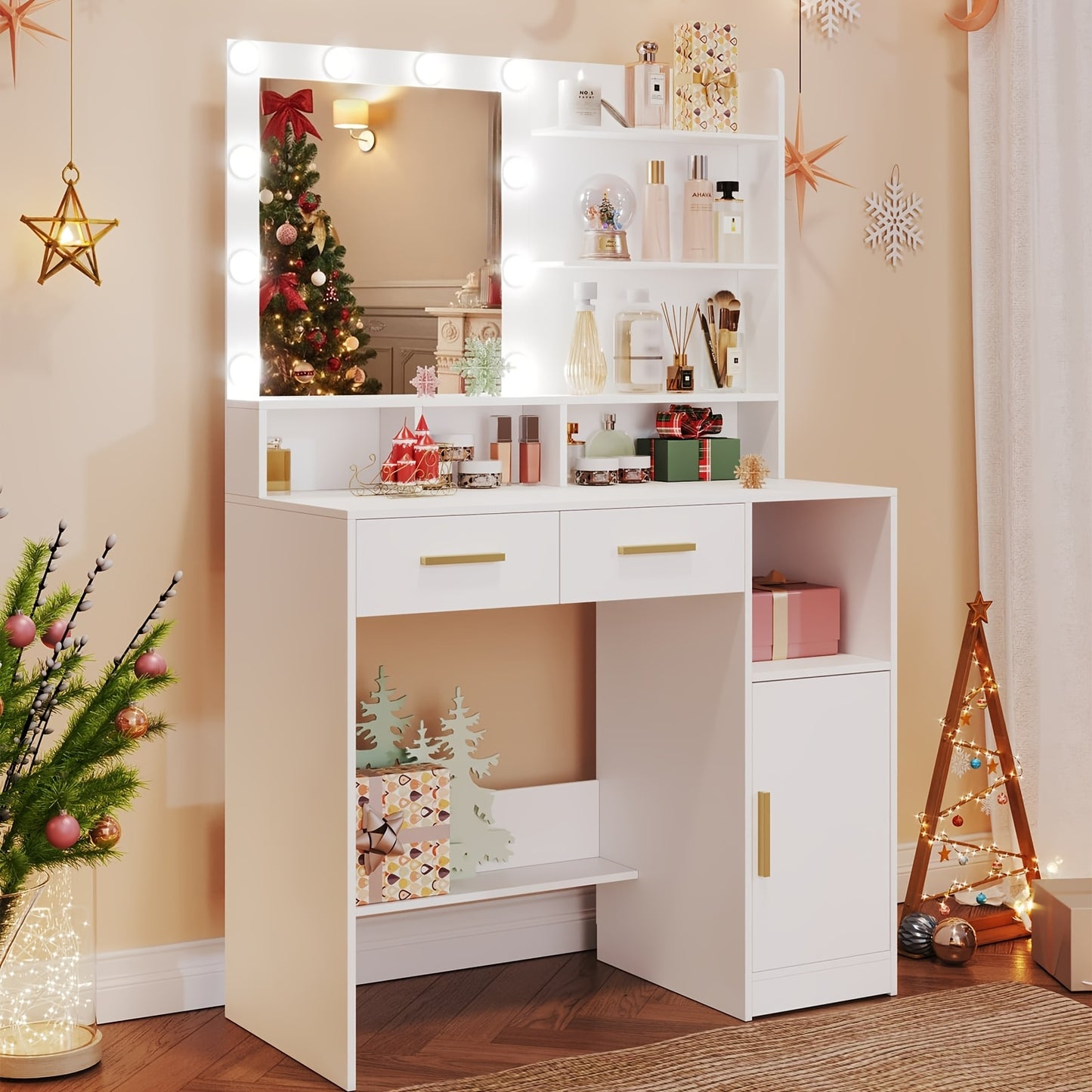 Kaptafel – Make-up Tafel – Opmaaktafel – Vanity – Cosmeticatafel – Met Spiegel en 10 LED Lampen – Verstelbare Helderheid, 2 Lades en 1 Kast