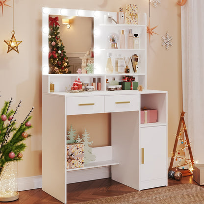 Kaptafel – Make-up Tafel – Opmaaktafel – Vanity – Cosmeticatafel – Met Spiegel en 10 LED Lampen – Verstelbare Helderheid, 2 Lades en 1 Kast