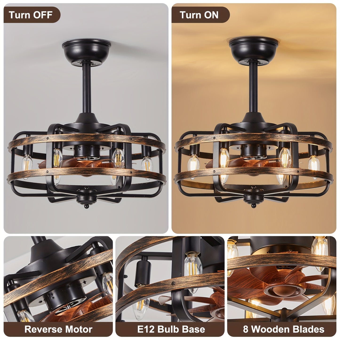 Retro Industriële Plafondventilator – Vintage Ventilator – Industriële Ventilator – Plafondventilator Met Licht – Plafondventilator Met Afstandsbediening – Fluisterstille Motor – Omkeerbare Waaierbladen