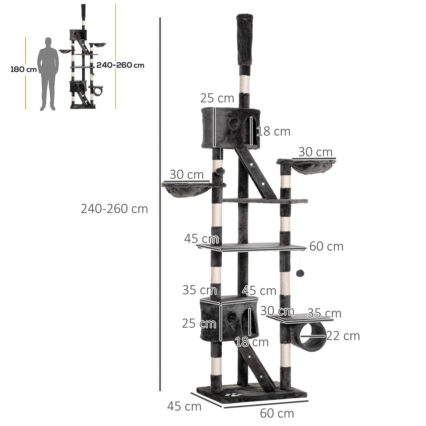 Krabpaal – Kattenkrabpaal – Krabmeubel – Kattenboom – Kattentoren – Verstelbare Hoogte 240-260 cm – Stevig Hout en Duurzaam Sisal