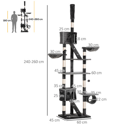 Scratching Tree Ceiling-High Height 240-260 Cm Cat Tree with Plush Balls, Cat Cave, Hammock, Sisal Poles, Multi-Level Platforms Cat Scratching Tree Climbing Tree for Large Cats, Dark Grey