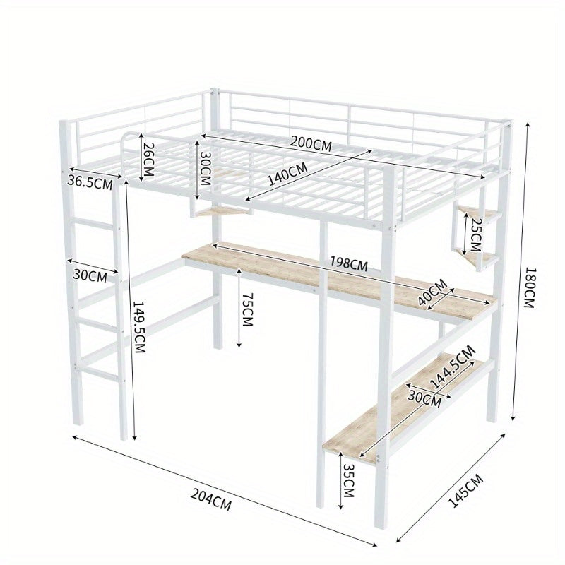 Hoogslaper 140x200 – Stalen Bedframe – Metaalbed – Kinderbed – Tienerbed – Wit Frame – Ingebouwd Bureau & Grote Boekenkast – 4 Kleine Plankjes