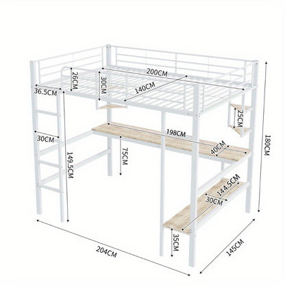 Hoogslaper 140x200 – Stalen Bedframe – Metaalbed – Kinderbed – Tienerbed – Wit Frame – Ingebouwd Bureau & Grote Boekenkast – 4 Kleine Plankjes