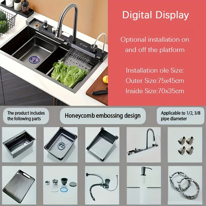 Digital Display Waterfall Kitchen Sink with Pull-Out Faucet Combo - 75x45cm Smart Waterfall Sink Honeycomb Deep Single Bowl with Accessories,  Contemporary Design, Easyclean Surface, Modern Homeowners, Interior Designers