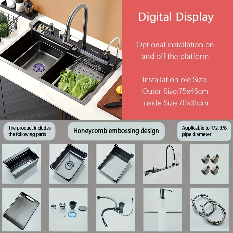 Keukenspoelbak – Spoelbak – Gootsteen – Wasbak – Enkele Bak – RVS – 75x45 cm – Digitale Waterval Display – Uittrekbare Kraan