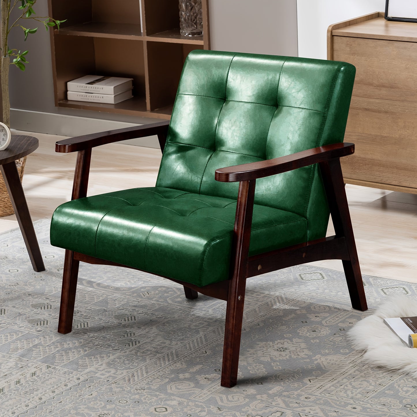 Vintage Fauteuil – Armstoel – Loungestoel – Zetel – Relaxstoel – Donkergroen Kunstleer – Beukenhouten Frame – Ergonomische Rugleuning – Comfortabele Dikke Kussens