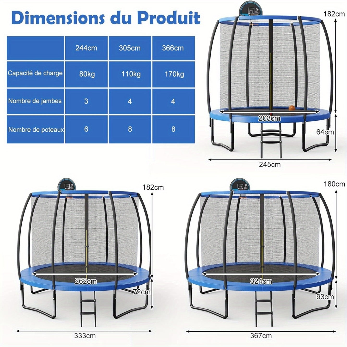 Trampoline – Springkussen – Springnet – Mini Trampoline – Rebounder – Met Veiligheidsnet – Ronde Trampoline 203 cm – Gegalvaniseerd Staal – Basketbalring – Antislip Ladder – Blauw