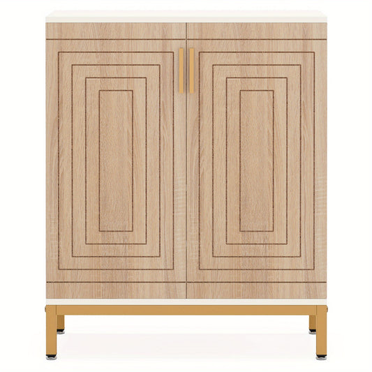 Schoenenkast – Schoenenrek – Schoenenopberger – Schoenenkast met Deuren – Hal Organizer – 5 Lagen – Hout met Metalen Gouden Accenten – Vrijstaand Wit & Hout