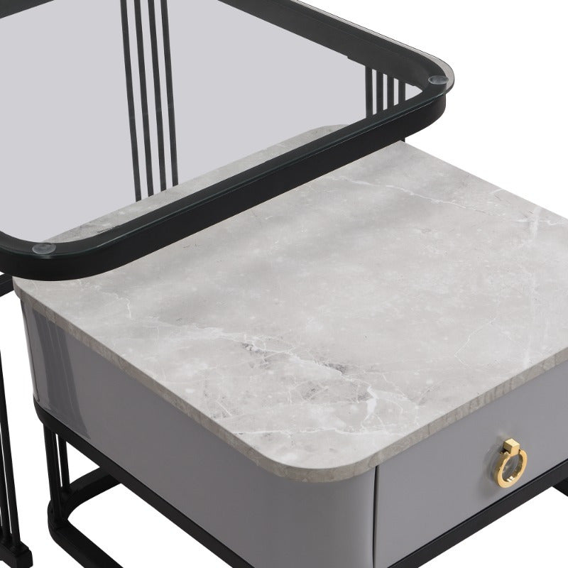 Salontafel – Koffietafel – Bijzettafel – Tafeltje – Side Table – Zwarte uitvoering – Set van 2 Stapelbare Tafels – Hoogglans Marmer Look – Lades en Glazen Blad