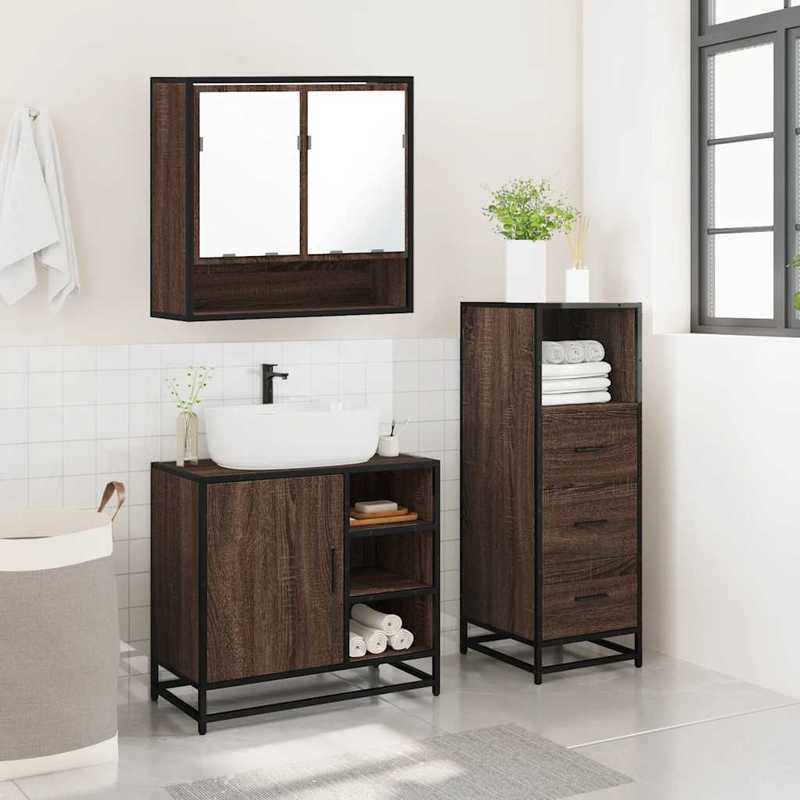 Badkamermeubelset – Badkamerkast – Wastafelonderkast – Spiegelkast – Opbergmeubel – Bruin Eikenlook – 3-Delige Set – Hoogwaardige Materialen