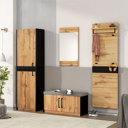 Halmeubelset – Kapstok – Schoenenrek – Wandkapstok – Garderobekast – Geel – Compact Ruimtebesparend – Rotan Deuren