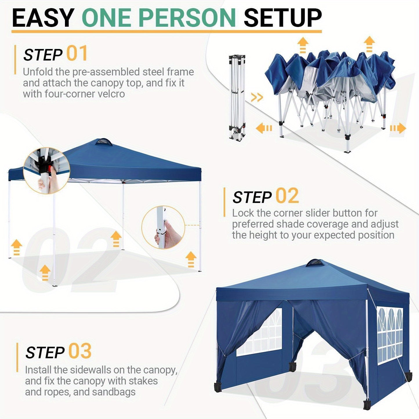 Partytent – Pop-up Tent – Vouwtent – Paviljoen – Schaduwtent – 3x3 Meter – Verstelbare Hoogte – 4 Zijwanden – Ventilatie – Draagtas