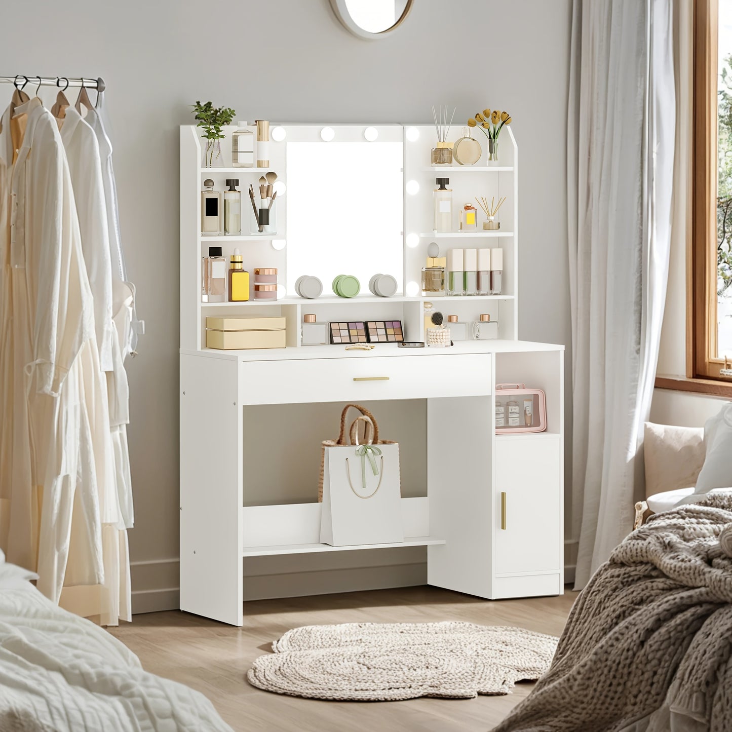 Kaptafel – Make-up Tafel – Visagie Tafel – Opmaaktafel – Dressing Table – Wit – Verstelbare Verlichting – Ruime Opberglades en Open Vakken