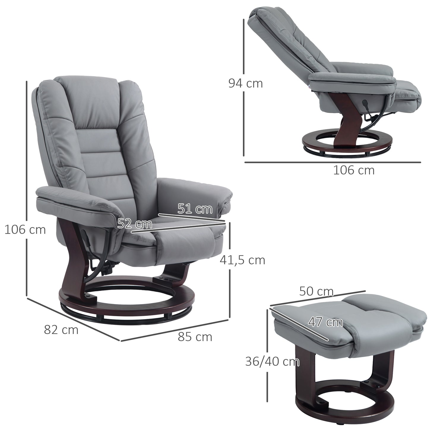 Relaxfauteuil – Relaxstoel – Loungestoel – Zitfauteuil – Fauteuil Met Voetensteun – Grijs – Verstelbare Rugleuning Tot 135° – 360° Draaibaar Met Houten Onderstel