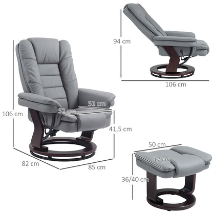 Relaxfauteuil – Relaxstoel – Loungestoel – Zitfauteuil – Fauteuil Met Voetensteun – Grijs – Verstelbare Rugleuning Tot 135° – 360° Draaibaar Met Houten Onderstel