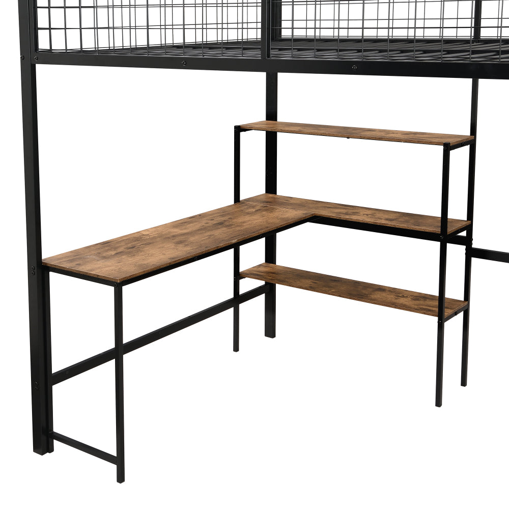 Hoogslaper Bed – Stapelbed – Halfhoogslaper – Bedframe – Bed met Bureau – 140x200 cm – Metaal en MDF – Met Opbergruimte en Kledingkast – Zwart
