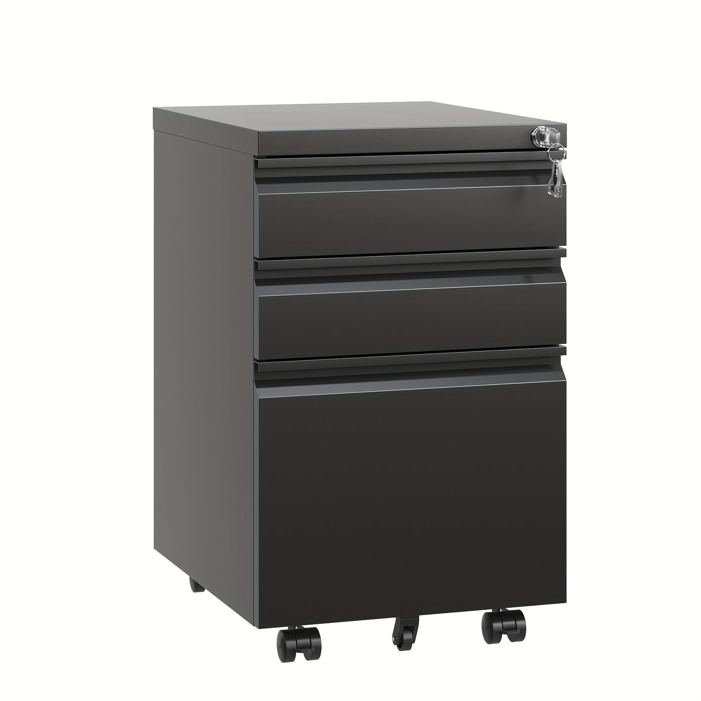 Mobiele Ladenkast – Rolcontainer – Archiefkast – Bureaulade – Kantoorkast – Metalen Constructie – 3 Afsluitbare Laden – Zwenkwieltjes – Zwart – 68,58 cm Hoog