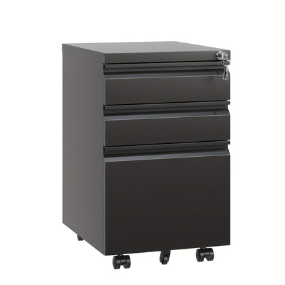 Mobiele Ladenkast – Rolcontainer – Archiefkast – Bureaulade – Kantoorkast – Metalen Constructie – 3 Afsluitbare Laden – Zwenkwieltjes – Zwart – 68,58 cm Hoog