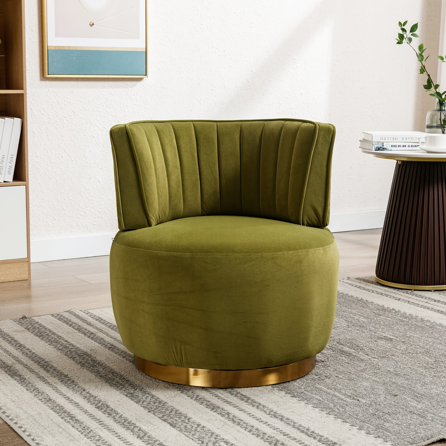 360 Degree Modern Swivel Chair Round Swivel Chair Soft Velvet Finish Comfortable Backrest Stable Structure Living Room Chair Shell Chair Suitable For Living Room Bedroom Study Room, Olive Green