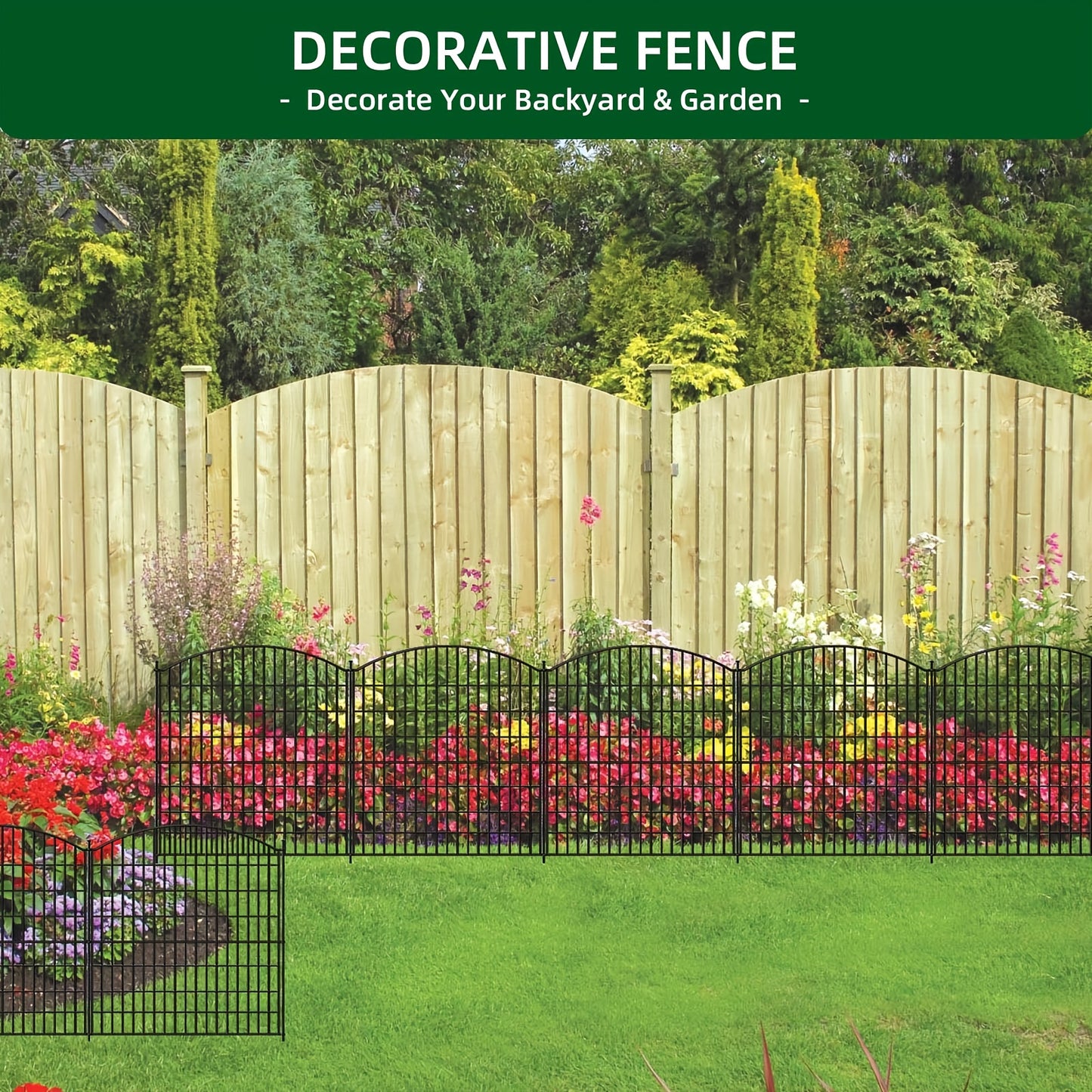 Rustproof Metal Outdoor Garden Fence with Black Frame & Clear Panel Design - Heavy-Duty 73.66x81.28 cm Tall Animal Barrier for Dogs, Rabbits, Landscape Edging & Patio - Easy Assembly with Stakes, Decorative Wire Mesh Fencing