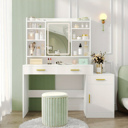Dressing Table, Large Tabletop with Mirror, 3 Drawers And 1 Cabinet, Open Multi-tiered Shelves, for Bedroom, Wardrobe, 40 X 130 X 149cm, White