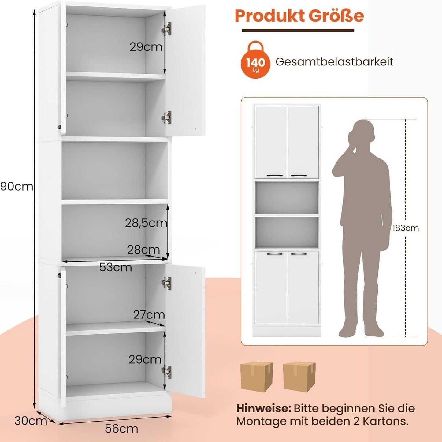 Opbergkast – Hoge Kast – Keukenkast – Dichte Deuren Kast – Open Planken Kast – 190 cm Hoog – Anti-Kantelbeveiliging & Stevig MDF Materiaal – Wit Naturel