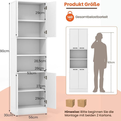 Opbergkast – Hoge Kast – Keukenkast – Dichte Deuren Kast – Open Planken Kast – 190 cm Hoog – Anti-Kantelbeveiliging & Stevig MDF Materiaal – Wit Naturel