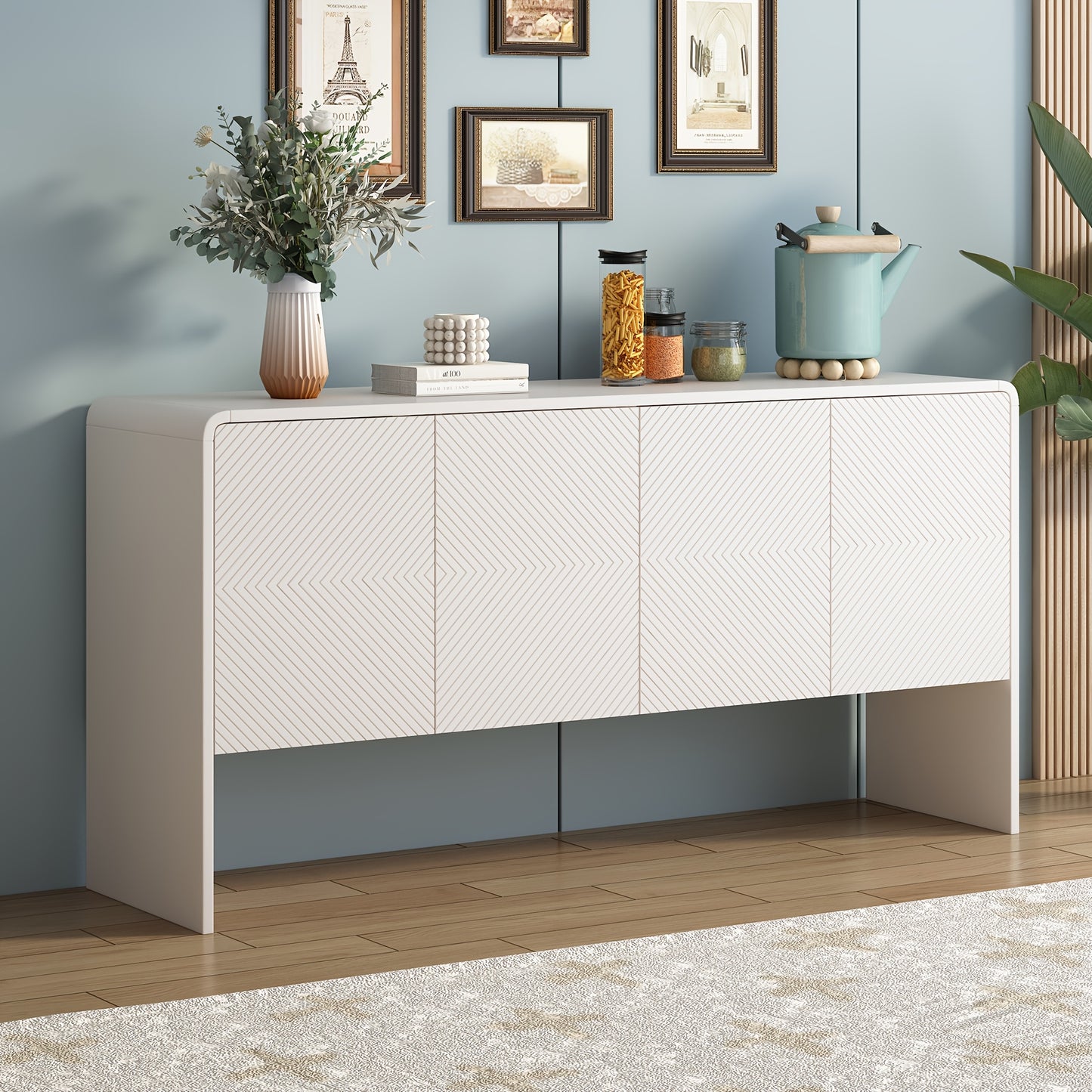 Sideboard, Sideboard, Minimalist Style Large Storage Sideboard with 4 Doors for Living Room And Entrance Area, 152.5*40*76.5 Cm, White