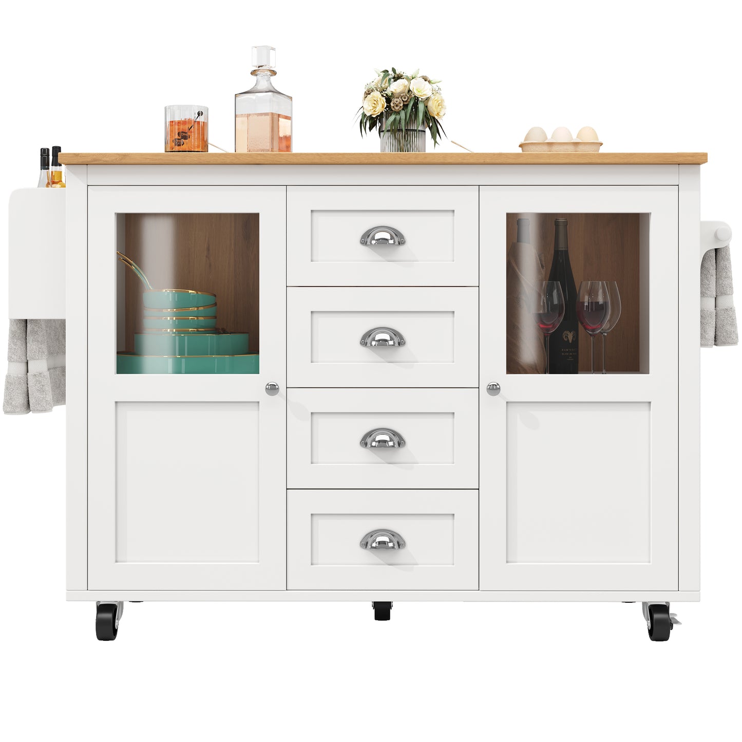 Keukeneiland Op Wielen – Keukenwagen – Buffetkast – Werkplek – Opbergmeubel – Inklapbaar Werkblad – 4 Lades en 2 Deuren – Verstelbare Planken – Handdoek- En Kruidenhouder – Wit