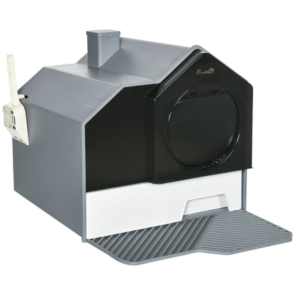 Kattenbak – Kattenbakhuis – Kattenbak Met Deksel – Katten Toilet – Kattenbak Met Deurtje – Afsluitbare Kattenbak – Geurfilter en Uitneembare Onderbak – Compact en Draagbaar – Grijs