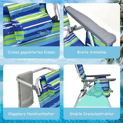 Campingstoel – Strandstoel – Kampeerstoel – Ligstoel – Tuinstoel – 3-Delige Set Blauw + Groen – Verstelbare Rugleuning – Inclusief Koelvak & Opbergvakken