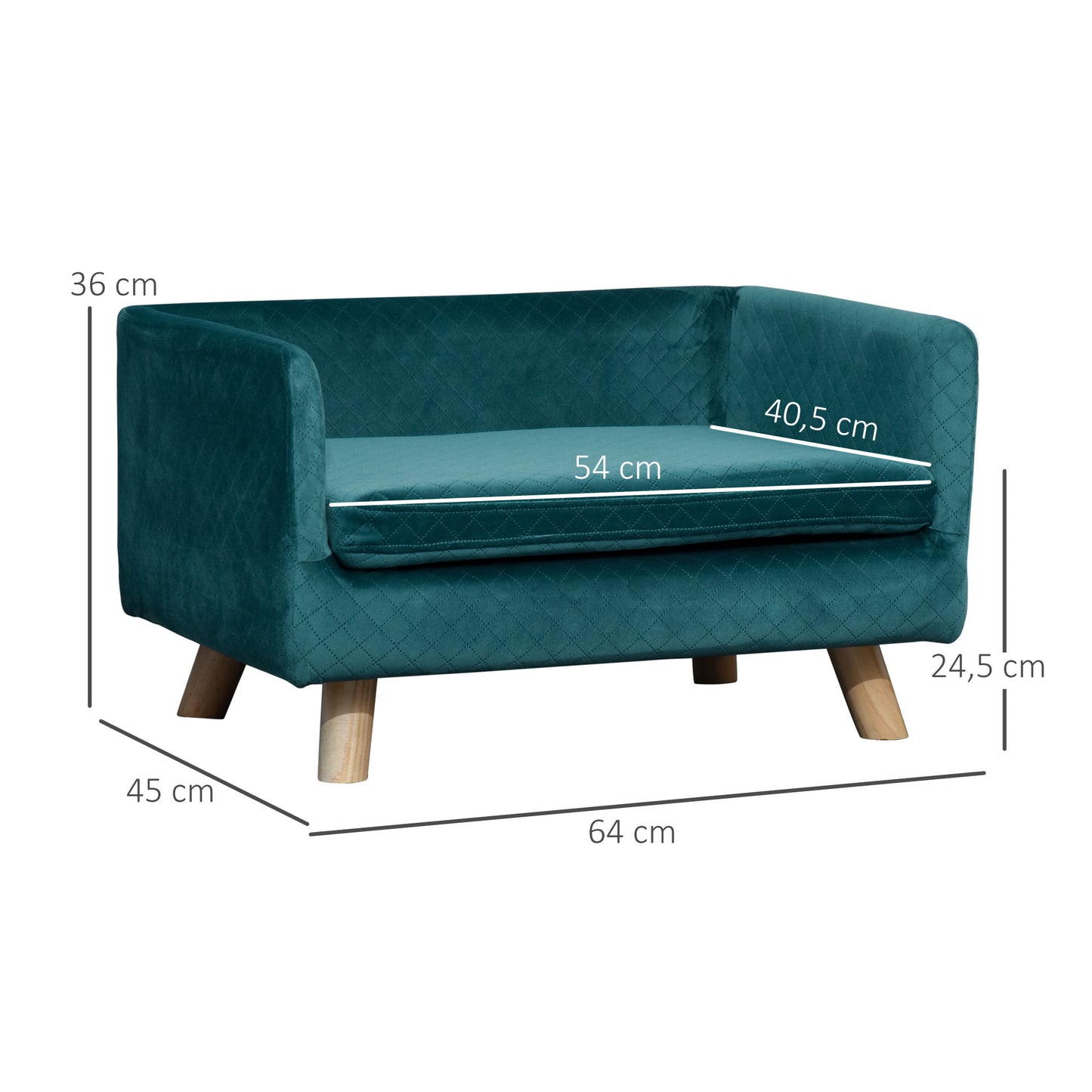 Hondenbed – Dogbed – Huisdierbed – Ligbed – Rustplek – Blauw Velvet – Scandinavisch Design – Zachte Katoenen Kussenlaag – Stevige Houten Poten – 64x45x36 cm