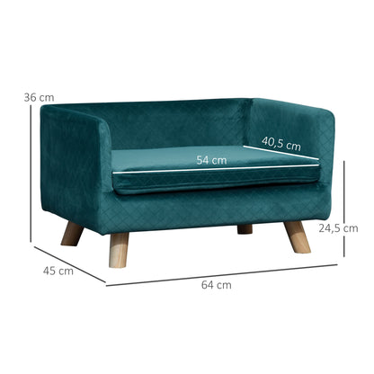 Hondenbed – Dogbed – Huisdierbed – Ligbed – Rustplek – Blauw Velvet – Scandinavisch Design – Zachte Katoenen Kussenlaag – Stevige Houten Poten – 64x45x36 cm