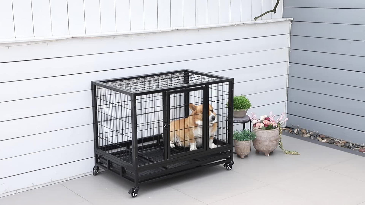 Hondenbench – Hondenkooi – Hondenhok – Reisbench – Transportkooi – Met Wieltjes – 2 Deuren – Metaal – Verwijderbare Opvangbak – 92x62x75 cm – Zwart