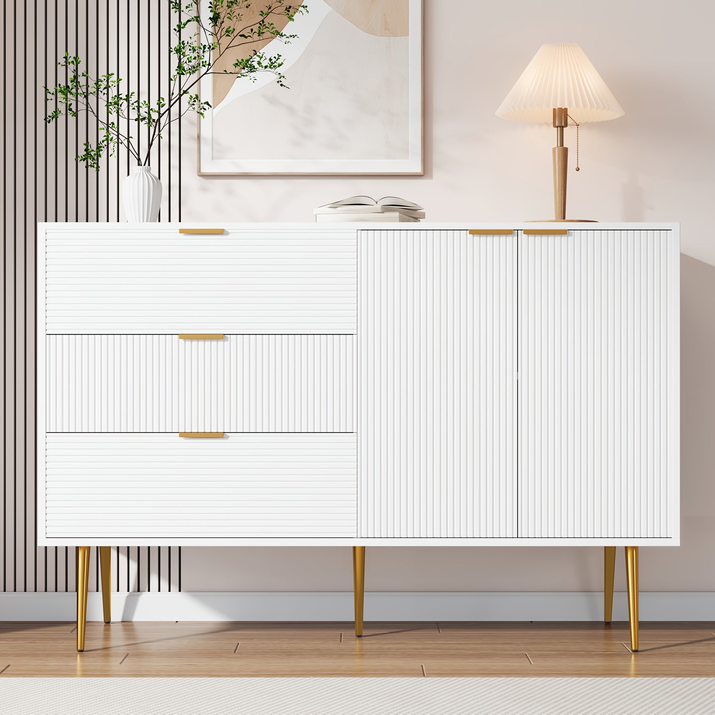 Dressoir – Buffetkast – Opbergkast – Ladekast – Woonkamerkast – Wit Met Gouden Accenten – Massief Hout – Met Deuren En Laden