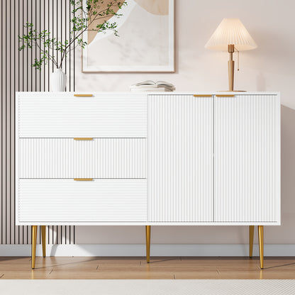 Dressoir – Buffetkast – Opbergkast – Ladekast – Woonkamerkast – Wit Met Gouden Accenten – Massief Hout – Met Deuren En Laden