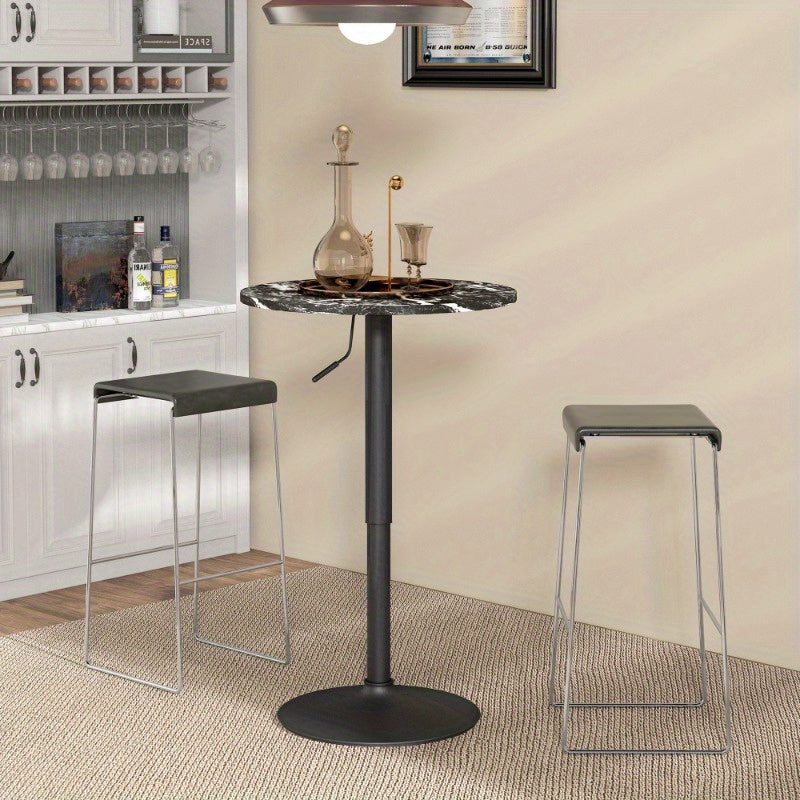 Bartafel Rond – Keukentafel – Bistrotafel – Ontbijttafel – Pubtafel – Compact – Marmer Look – Verstelbare Hoogte – 60x68x93,5 cm – Zwart