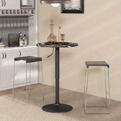 Bartafel Rond – Keukentafel – Bistrotafel – Ontbijttafel – Pubtafel – Compact – Marmer Look – Verstelbare Hoogte – 60x68x93,5 cm – Zwart