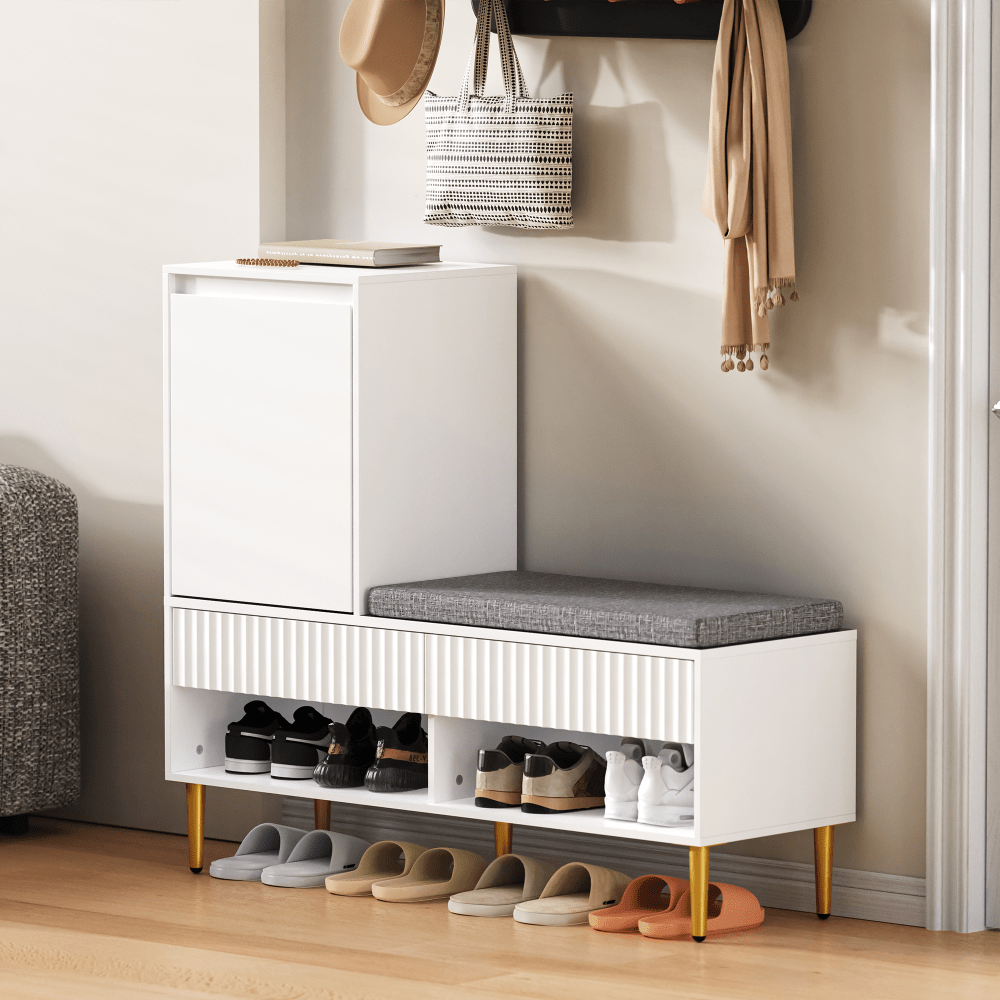 Schoenenkast – Schoenrek – Schoenenopberger – Halmeubel – Zitbank – Modern Wit – 1 Deur en 2 Lades – Compact en Ruimtebesparend 100x35x90 cm