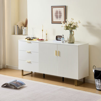 Dressoir – Wandkast – Opbergkast – Buffetkast – Ladekast – Wit Met Gouden Handvatten – 160 cm Breed – Stalen Poten
