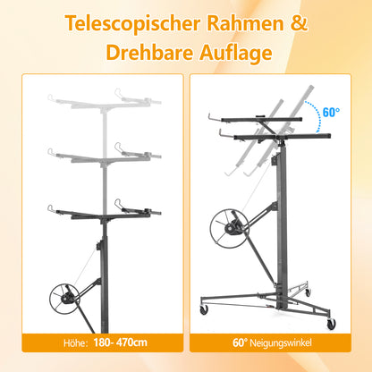 Gipsplaatlift – Platenlift – Plaatlifter – Platenheffer – Montagehulp – Verstelbaar 180-470 cm – Draagkracht 68 kg – 3-Wiel Systeem Met Rem – Inklapbaar & Kantelbaar 60°