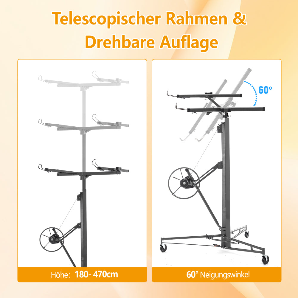 Gipsplaatlift – Drywall Lift – Panelenlift – Plafondlift – Wandplaatlift – Verstelbare Hoogte 180-470 cm – Draagkracht 68 kg – 3-Wiel Systeem Met Rem – Kantelbaar 60° – Opvouwbaar